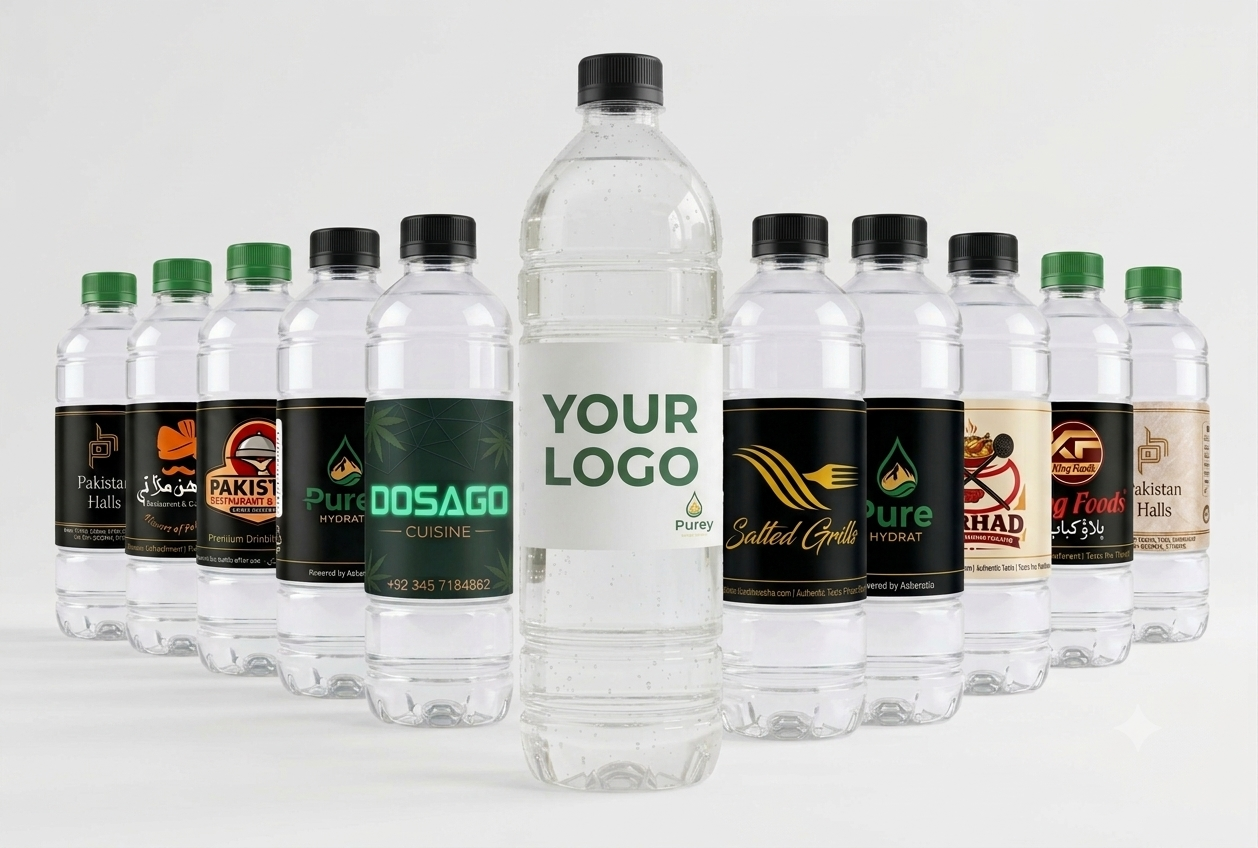 Custom branded 500ml and 1.5L water bottles with green cap - Purey Hydrate Islamabad